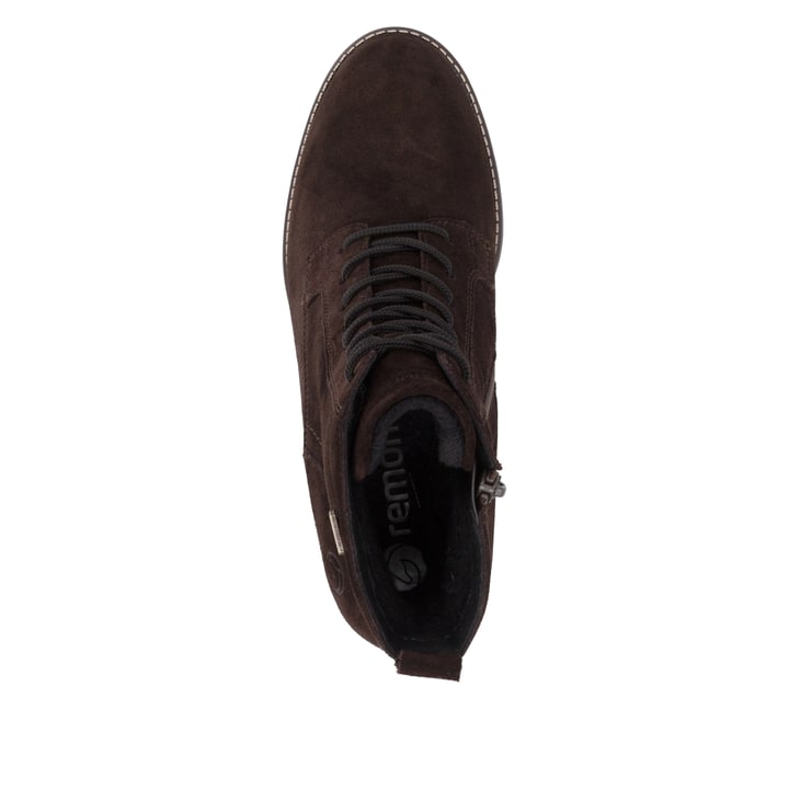 Dunkelbraune remonte Damen Schnürstiefel D2A80-25. Schuh von oben.