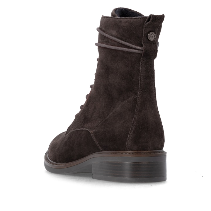 Dunkelbraune remonte Damen Schnürstiefel D2W80-25 mit einem Reißverschluss. Schuh von hinten.