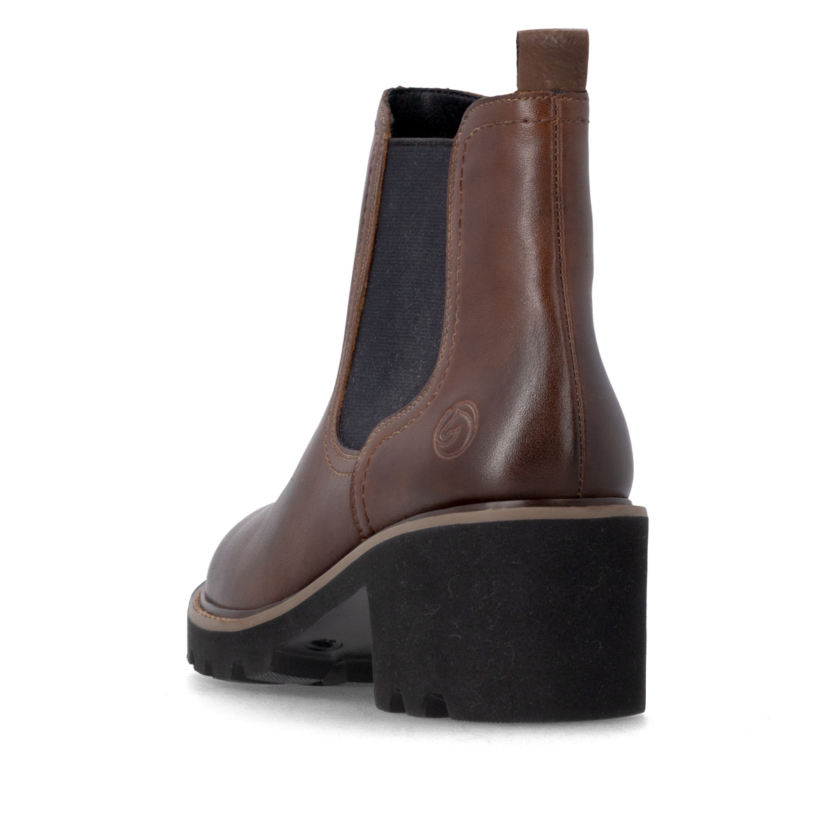 Braune remonte Chelsea Boots D0A70-22 mit Reißverschluss sowie Komfortweite G. Schuh von hinten.