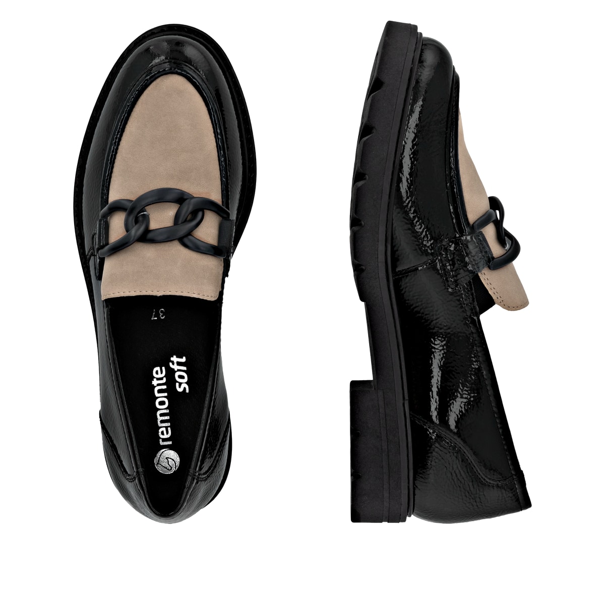 Schwarzbeige remonte Damen Loafer D2Q01-03 mit Deko-Kette sowie einem Gummizug. Schuh von oben, liegend.