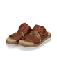 Braune remonte Damen Pantoletten D0Q51-24 mit einem Klettverschluss. Schuhpaar seitlich schräg.