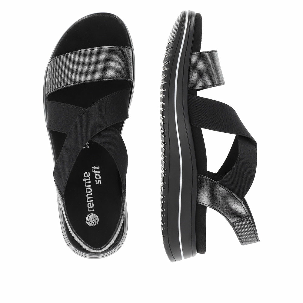 Schwarze remonte Riemchensandalen D1J50-02 mit einem Gummizug. Schuh von oben, liegend.