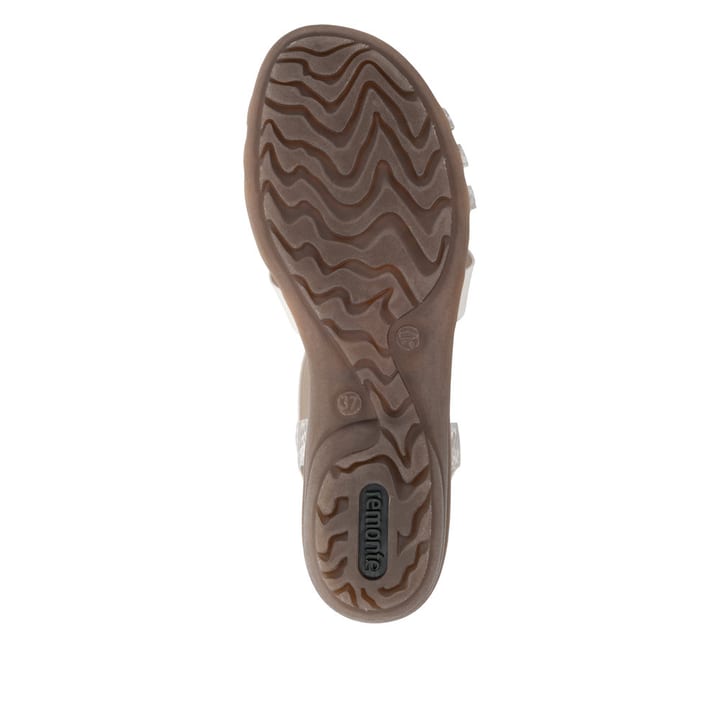 Beige remonte Riemchensandalen R3605-90 mit metallischem Finish sowie Gummizug. Schuh Laufsohle.