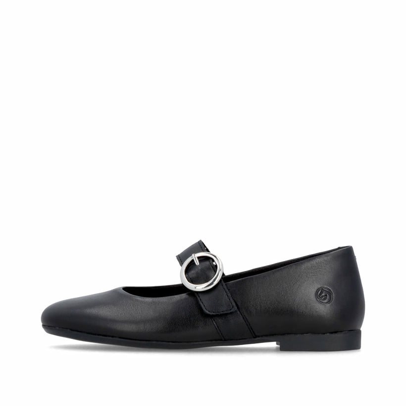 Schwarze remonte Ballerinas D0K14-00 mit einem Klettverschluss. Schuh Außenseite.