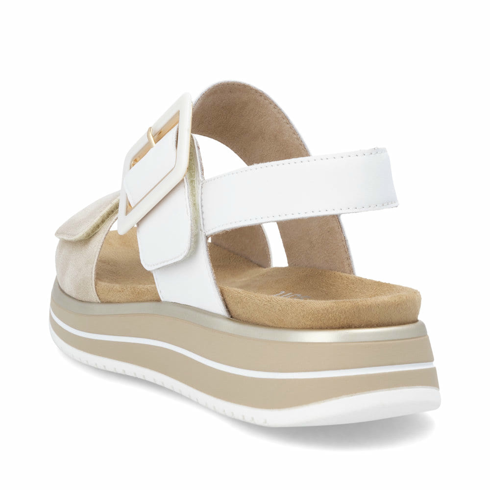 Weiße remonte Riemchensandalen D1J53-80 mit einem Klettverschluss. Schuh von hinten.