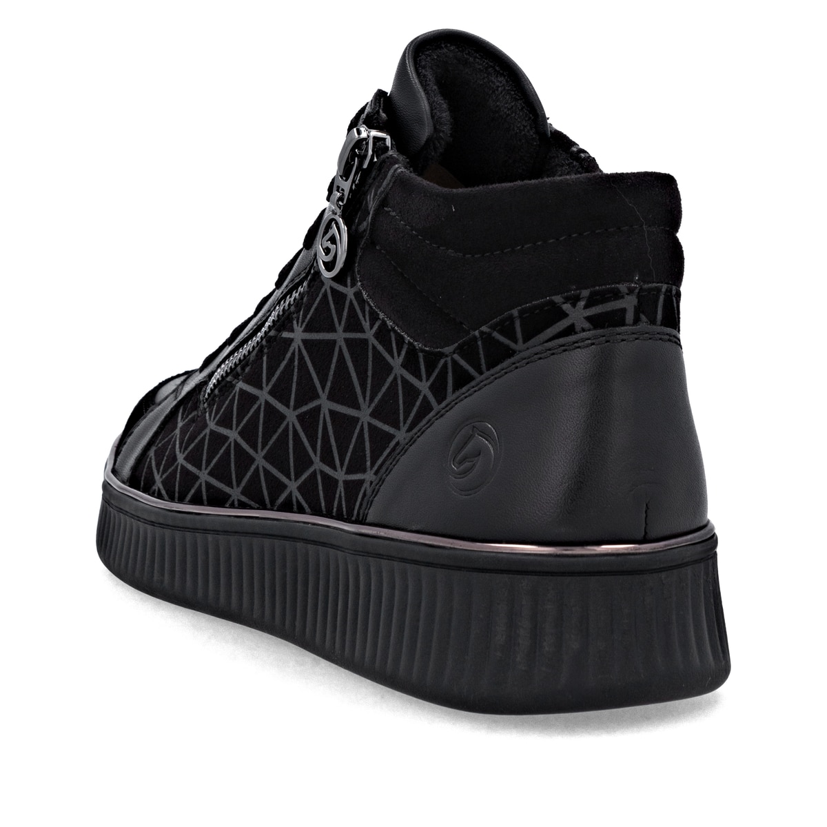Schwarze remonte Damen Sneaker D2E70-00 mit Reißverschluss sowie Komfortweite G. Schuh von hinten.
