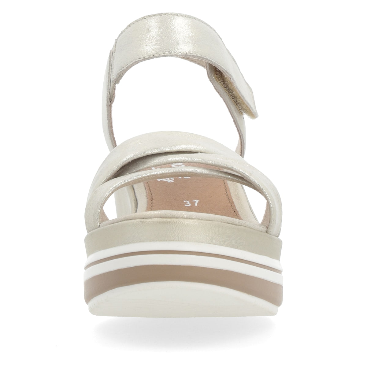 Goldene remonte Keilsandaletten D1P51-90 mit einem Klettverschluss. Schuh von vorne.