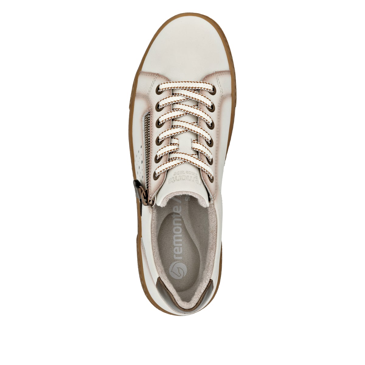 Beige remonte Damen Sneaker D2T00-60 mit wasserabweisender remonteTEX-Membran. Schuh von oben.