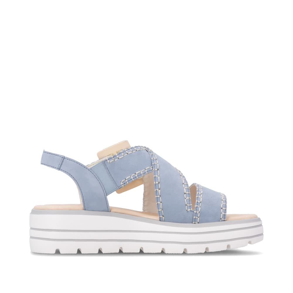 Sandales compensées remonte bleues femme D3N51-10 avec boucle tendance. Côté intérieur de la chaussure.