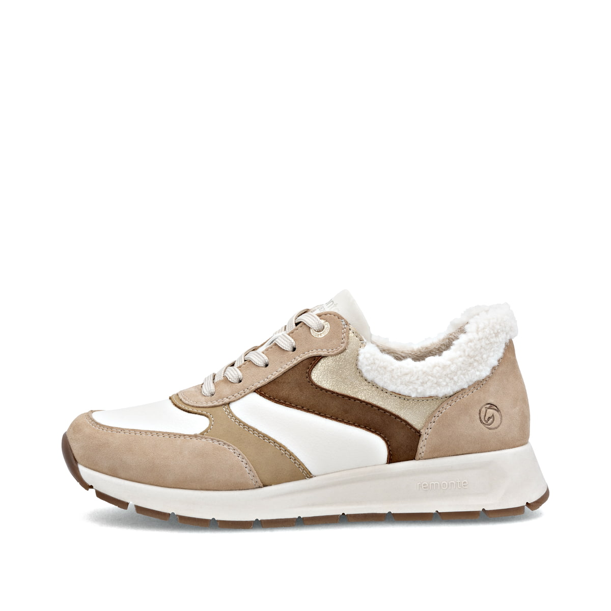 Beige remonte Damen Sneaker D2G07-60 mit flauschigem Schaftrand sowie Schnürung. Schuh Außenseite.
