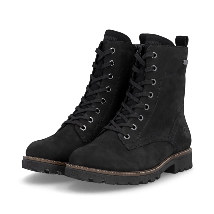 Schwarze remonte Damen Schnürstiefel D8489-02 mit wasserabweisender TEX-Membran. Schuhpaar seitlich schräg.