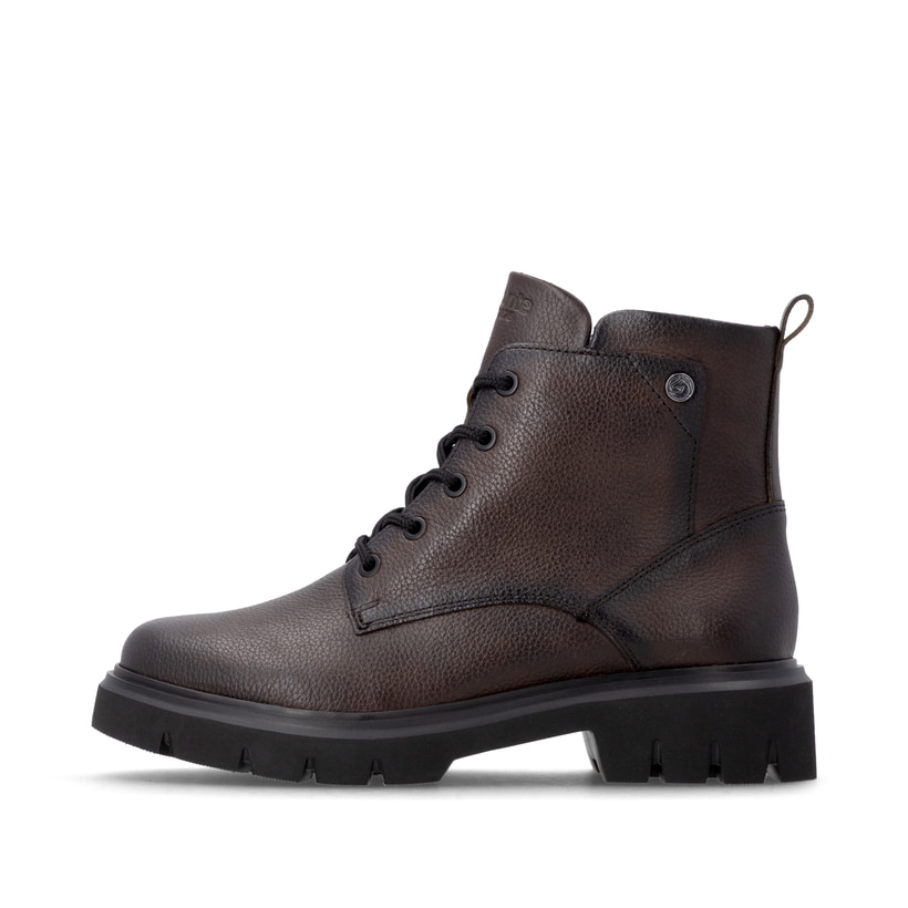 Dunkelbraune remonte Damen Schnürstiefel D1W83-25 mit einem Reißverschluss. Schuh Außenseite.