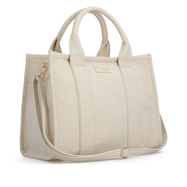 Sac à main remonte Q0766-90 beige avec tissu tressé et fermeture éclair. Côté gauche.