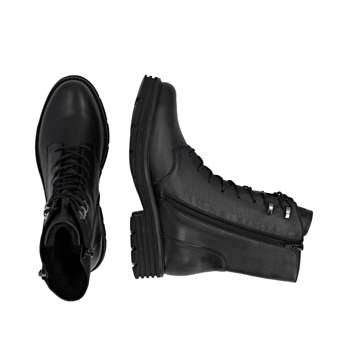 Schwarze remonte Damen Schnürstiefel D3A71-00 mit einem Reißverschluss. Schuh von oben, liegend.