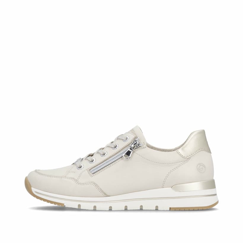 Beige remonte Damen Sneaker Low R6716-60 mit Reißverschluss sowie Komfortweite G. Schuh Außenseite.