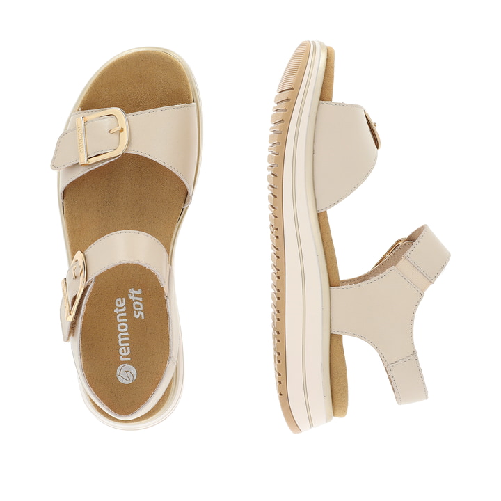 Beige remonte Riemchensandalen D1J51-80 mit einem Klettverschluss. Schuh von oben, liegend.