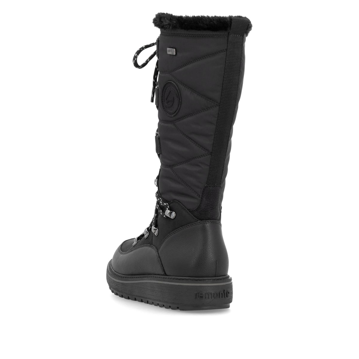 Nachtschwarze remonte Hochschaftstiefel D0U77-00 mit Flip-Grip Sohle. Schuh von hinten.