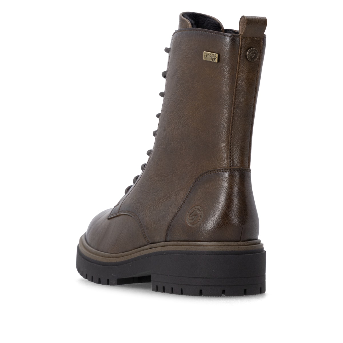 Braune remonte Damen Schnürstiefel D4B73-25 mit wasserabweisender TEX-Membran. Schuh von hinten.