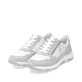 Weiße remonte Damen Sneaker Low D1S03-80 mit Reißverschluss sowie Komfortweite G. Schuhpaar seitlich schräg.