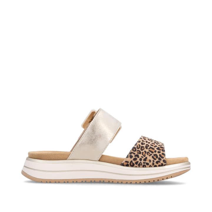 Goldene vegane remonte Damen Pantoletten D1J61-91 mit angesagtem Animal-Print. Schuh Innenseite.