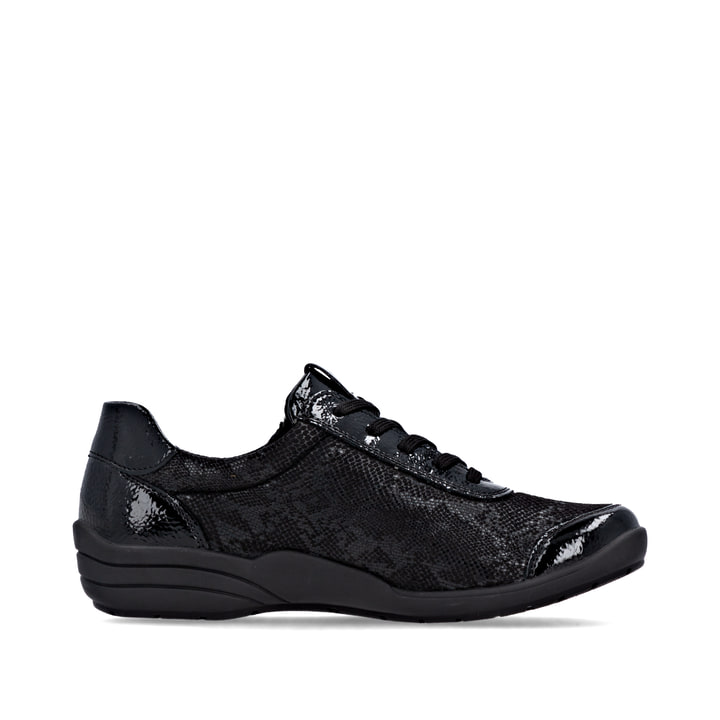 Baskets basses remonte noires pour femme R7637-04 avec fermeture éclair. Chaussure vue de l'arrière.