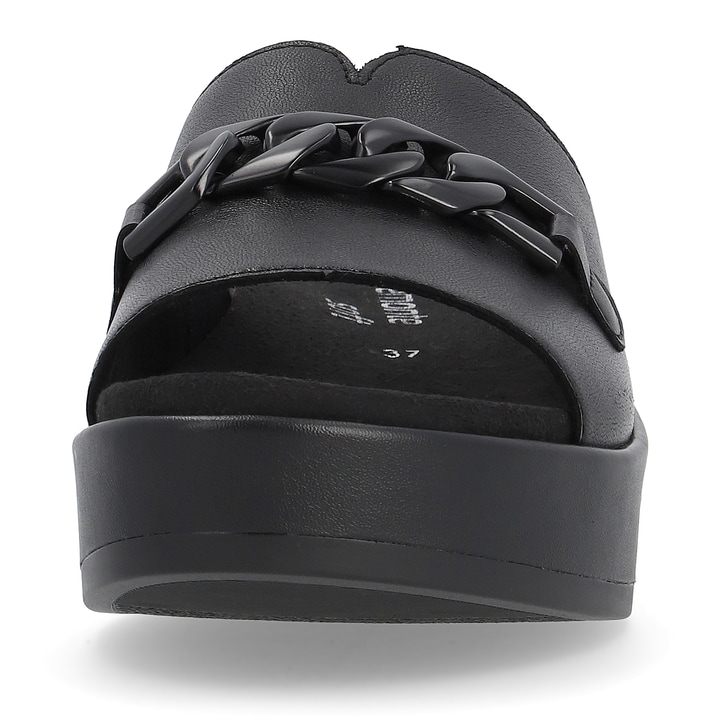 Mitternachtsschwarze remonte Damen Pantoletten D1N51-00 mit stylischer Kette. Schuh von vorne.