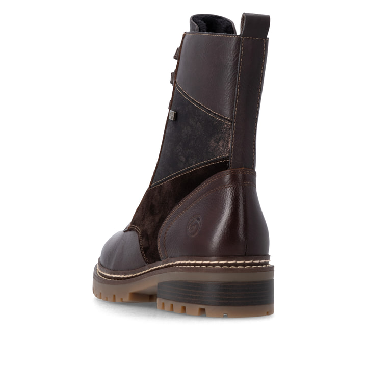 Dunkelbraune remonte Damen Schnürstiefel D0B84-25. Schuh von hinten.
