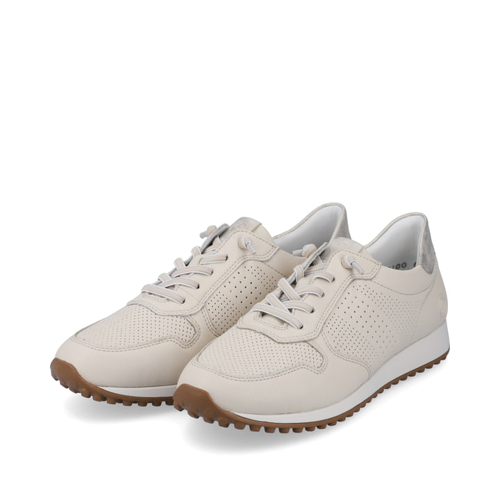 Beige remonte Damen Sneaker Low D3100-60 mit einer Schnürung. Schuhpaar seitlich schräg.