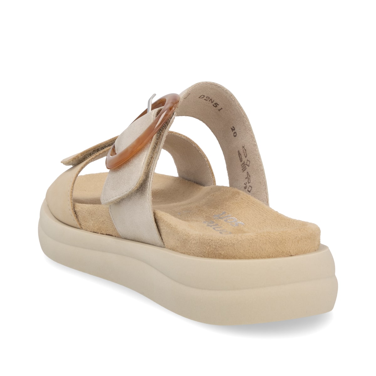 Braune vegane remonte Damen Pantoletten D2N51-20 mit einem Klettverschluss. Schuh von hinten.