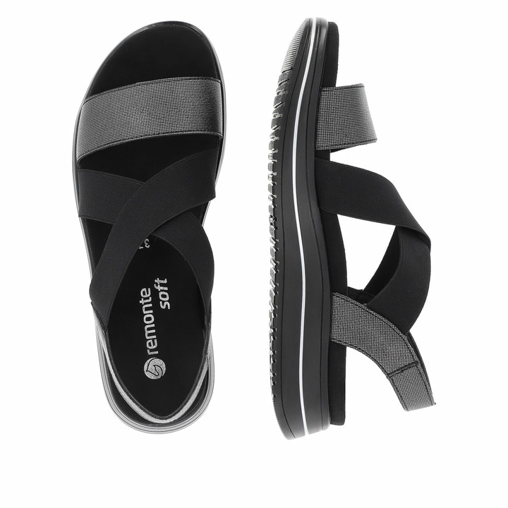 Schwarze remonte Riemchensandalen D1J50-02 mit einem Gummizug. Schuh von oben, liegend.