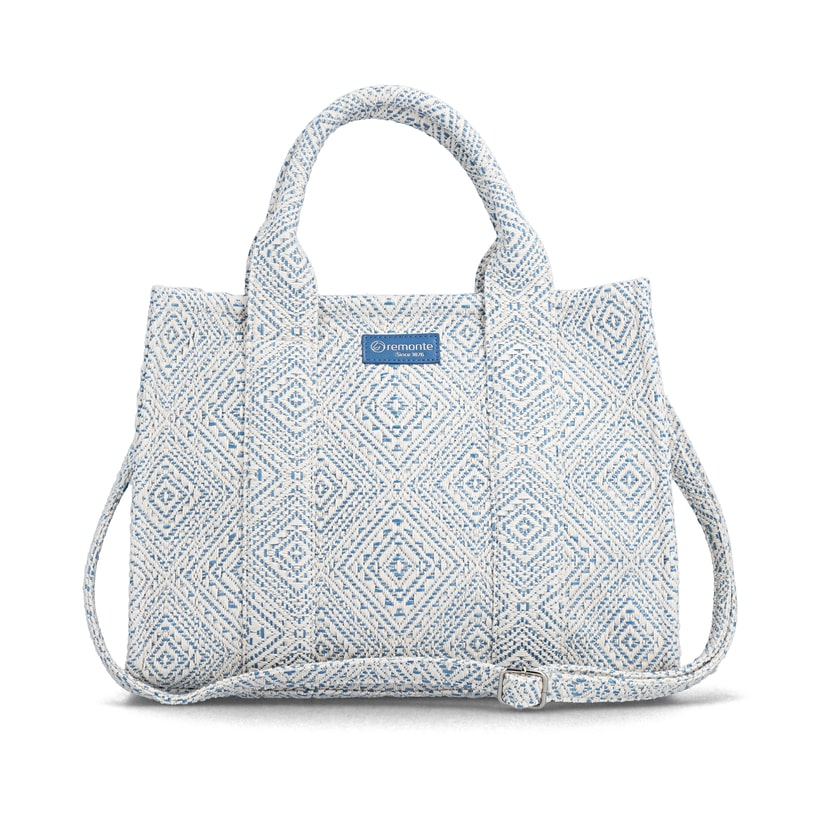 Sac à main remonte Q0766-12 bleu avec tissu tressé et fermeture éclair. Devant.