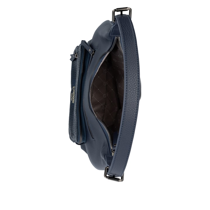 Sac bandoulière remonte Q0725-14 en bleu avec un compartiment principal spacieux, fermeture éclair et deux poches extérieures. Ouvert.