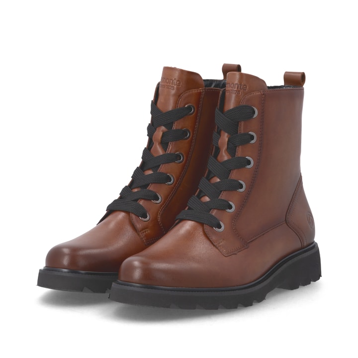Braune remonte Damen Schnürstiefel D3S71-24 mit einem Reißverschluss. Schuhpaar seitlich schräg.