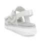 Silberne remonte Keilsandaletten D2K50-91 mit einem Klettverschluss. Schuh von hinten.