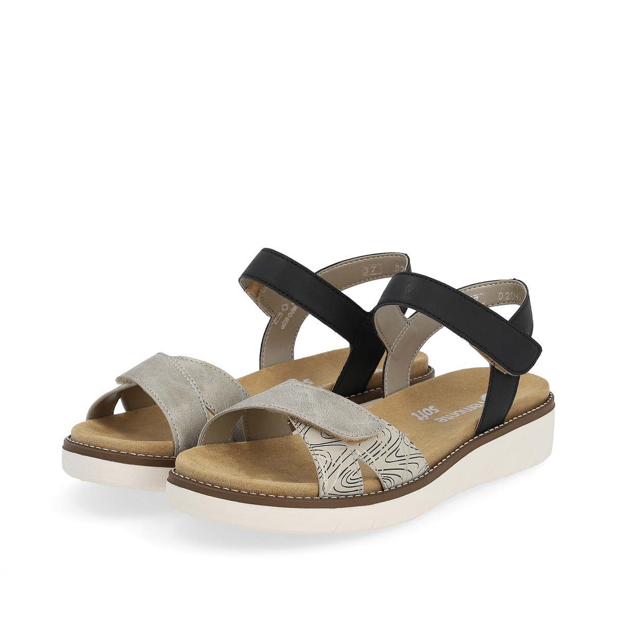 Beige remonte Riemchensandalen D2049-63 mit einem Klettverschluss. Schuhpaar seitlich schräg.