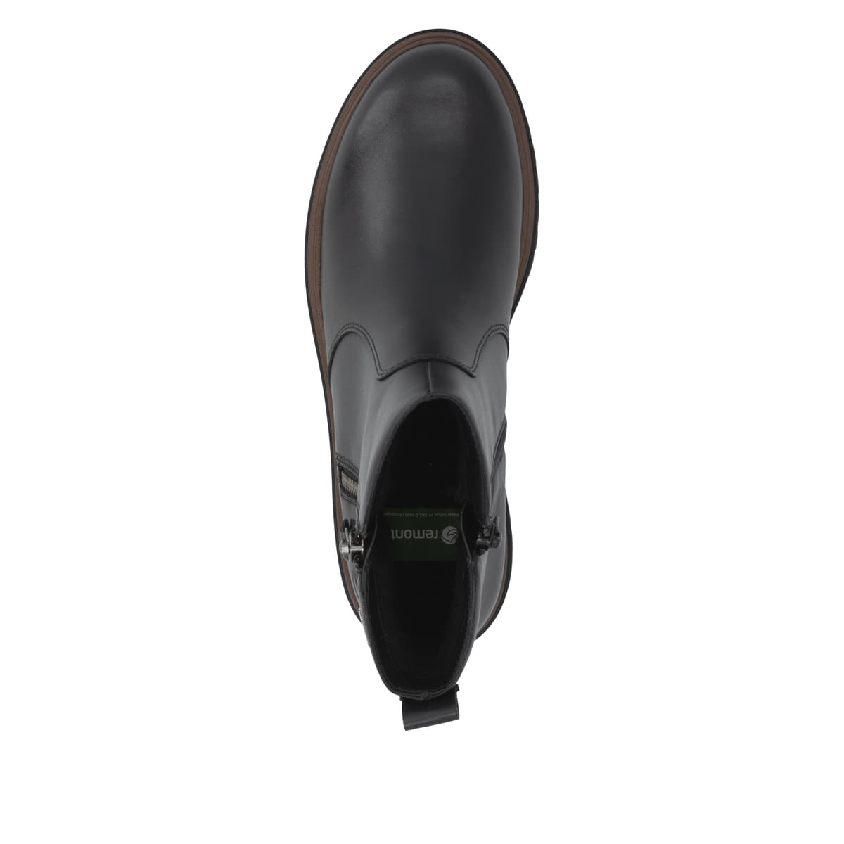 Schwarze remonte Damen Kurzstiefel D4B72-00 mit wasserabweisender TEX-Membran. Schuh von oben.