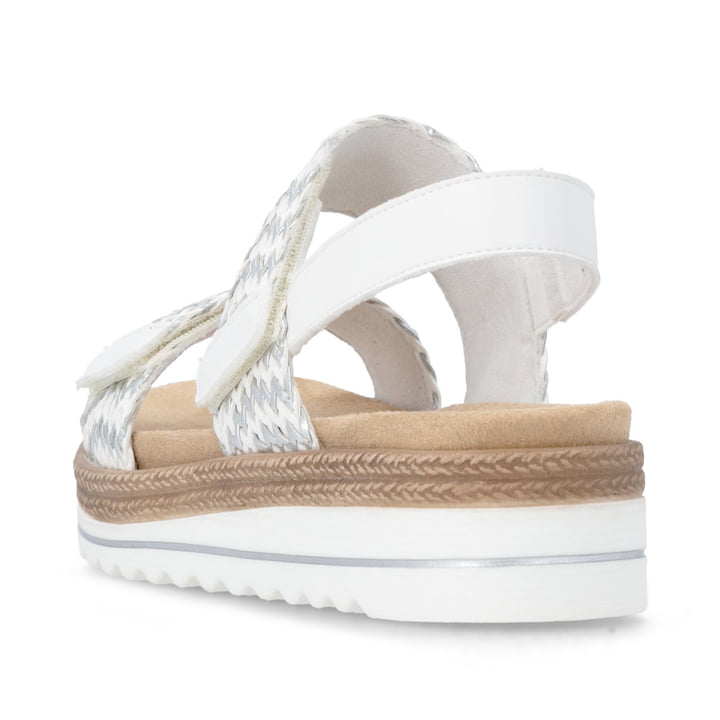Silberne remonte Keilsandaletten D0Q63-91 mit einem Klettverschluss. Schuh von hinten.
