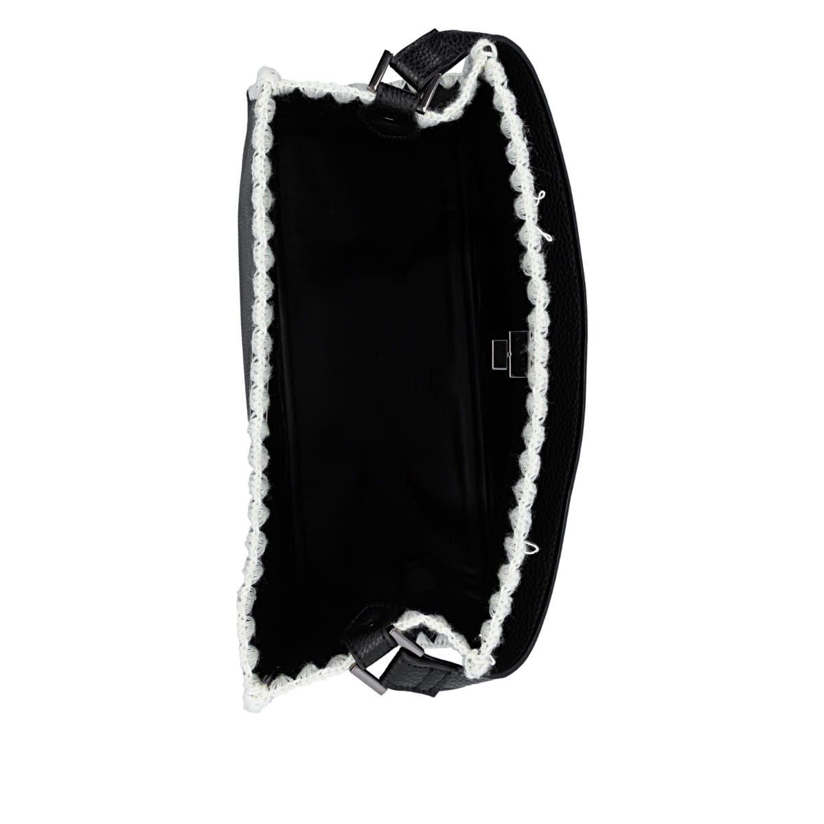 Cabas remonte Q0771-00 noir avec bordure crochetée, bretelles amovibles et poche intérieure amovible. Ouvert.