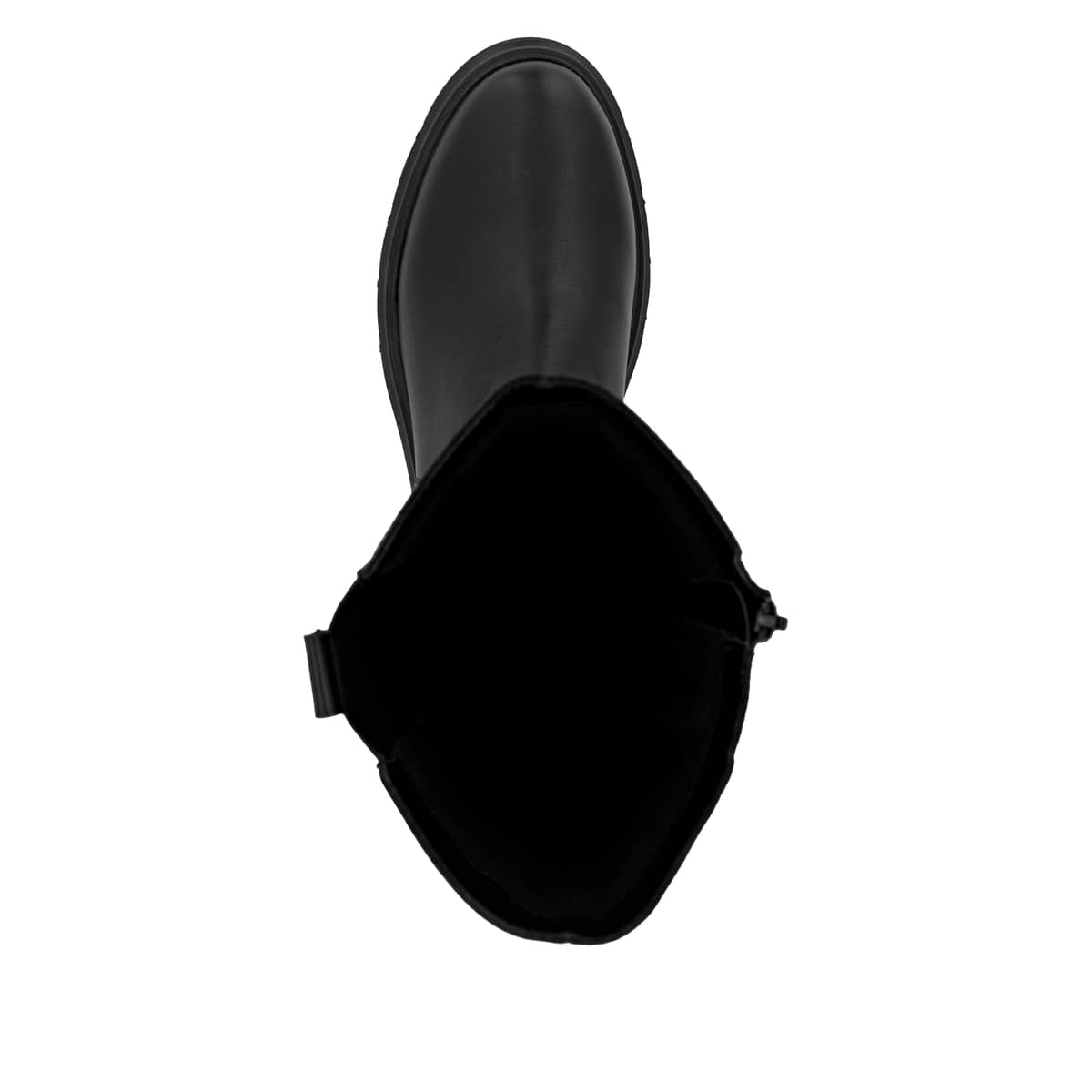 Schwarze remonte Hochschaftstiefel D1W80-00 mit einem Reißverschluss. Schuh von oben.