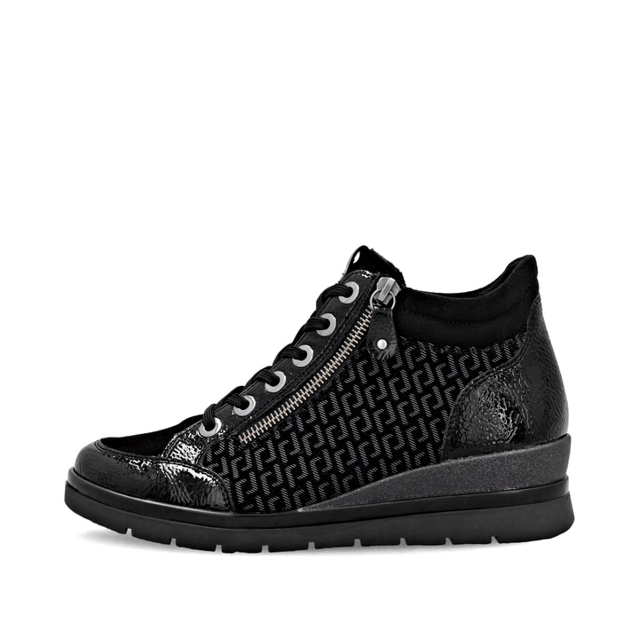 Schwarze remonte Damen Schnürstiefel R0773-05 mit einem Reißverschluss. Schuh Außenseite.
