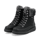 Nachtschwarze remonte Damen Schnürstiefel D0U78-03 mit Flip-Grip Sohle. Schuhpaar seitlich schräg.