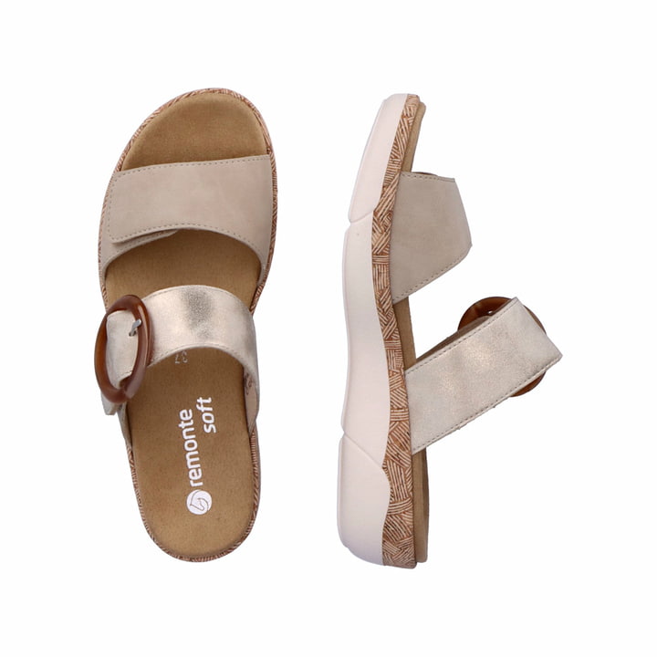 Beige remonte Damen Pantoletten R6858-60 mit einem Klettverschluss. Schuh von oben, liegend.