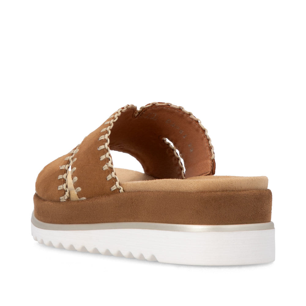 Braune remonte Damen Pantoletten D3P51-22 mit handgestickten Nähten. Schuh von hinten.