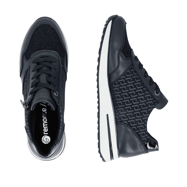 Vegane, dunkelblau-schwarze remonte Damen Sneaker D1G08-14 mit Reißverschluss. Schuh von oben, liegend.