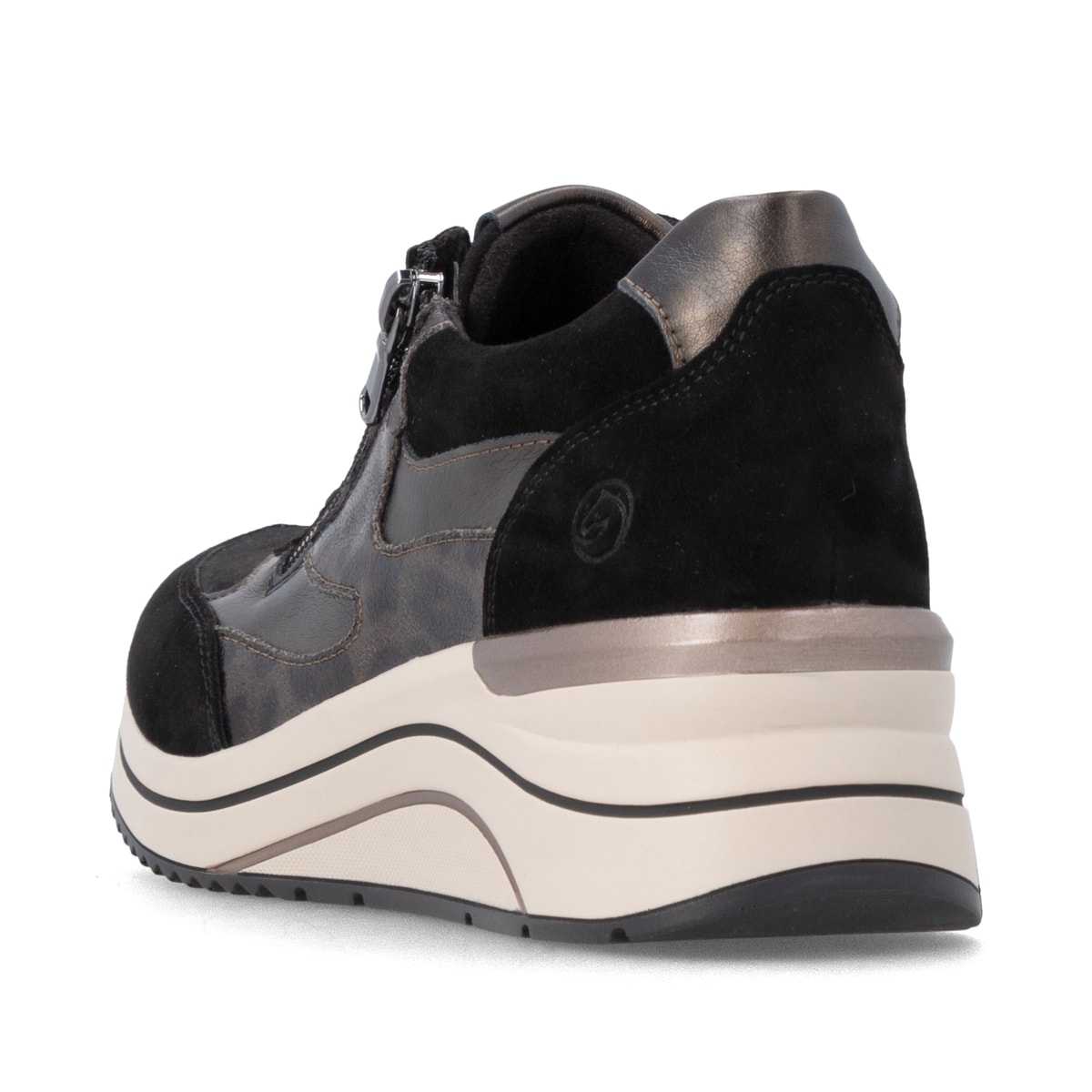 Schwarz-bronzene remonte Damen Schnürschuhe D0T23-03 mit einem Reißverschluss. Schuh von hinten.