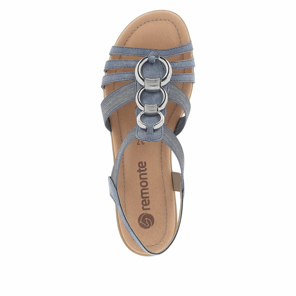 Blaue remonte Riemchensandalen R3605-12 mit einem Gummizug sowie flexibler Sohle. Schuh von oben.