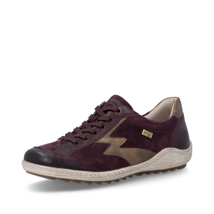 Weinrot-bronzene remonte Damen Schnürschuhe R1443-35. Schuh seitlich schräg.
