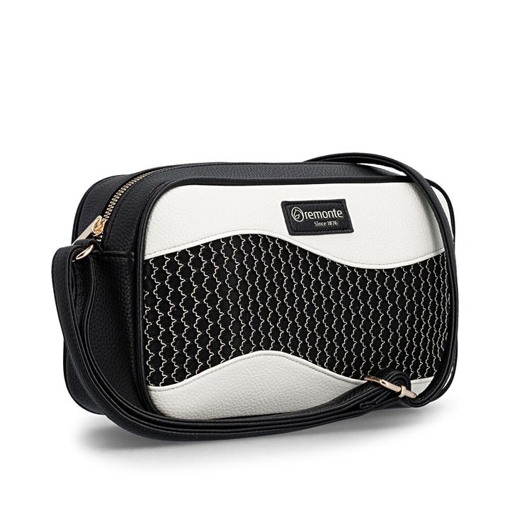 Sac à main remonte Q0668-01 noir avec détails dorés et fermeture éclair. Côté gauche.