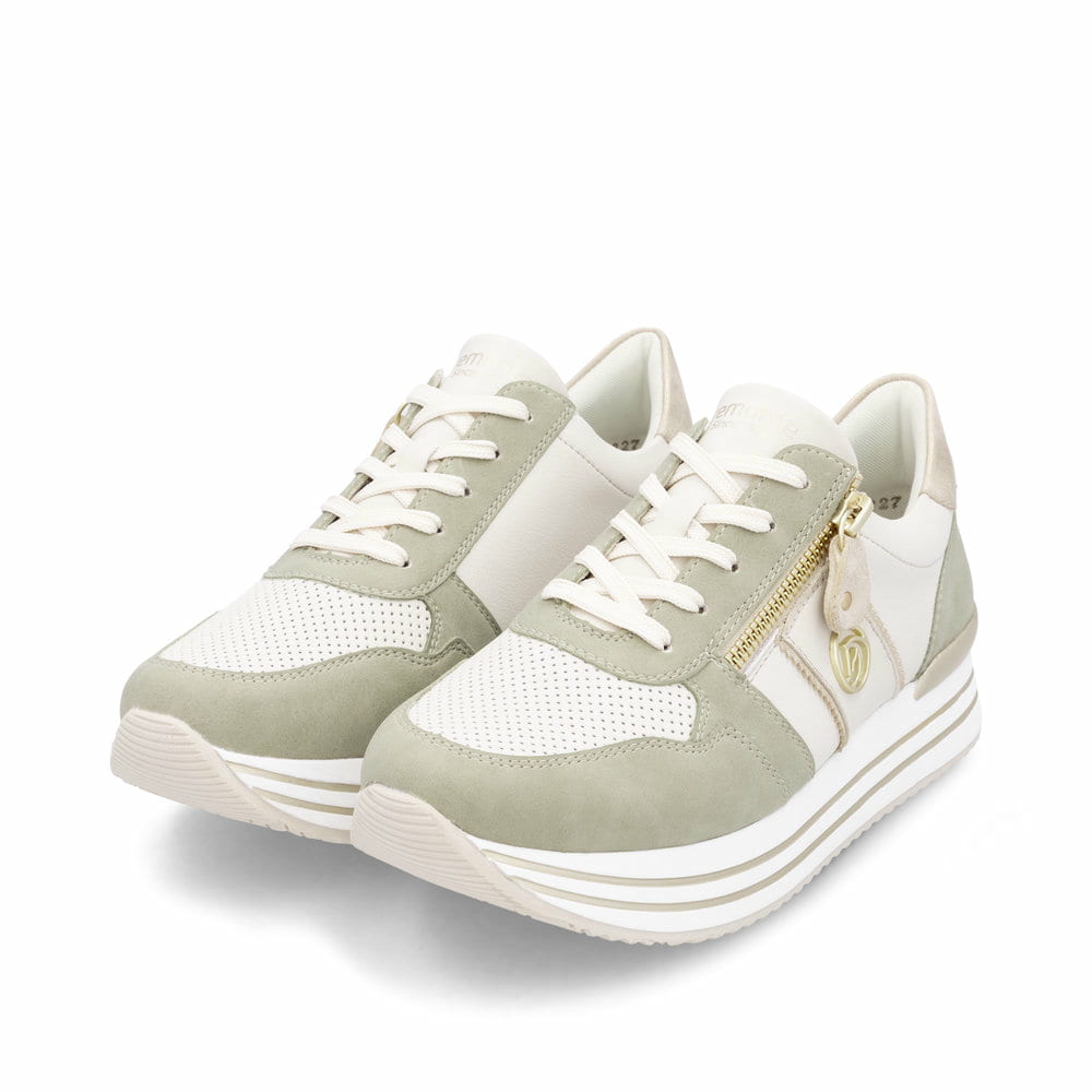 Weiße remonte Damen Sneaker Low D1327-80 mit Reißverschluss sowie Komfortweite G. Schuhpaar seitlich schräg.