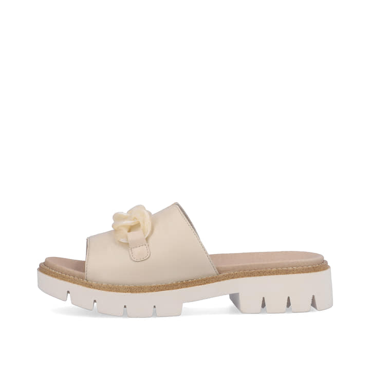 
Cremebeige remonte Damen Pantoletten D7952-60 mit einer leichten und dämpfenden Sohle. Schuh Außenseite